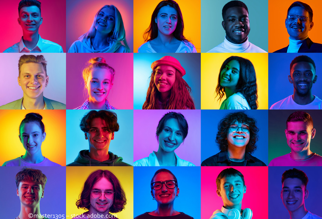 Collage made of portraits of young people of diverse age, gender and race posing, smiling over multicolored background in neon light