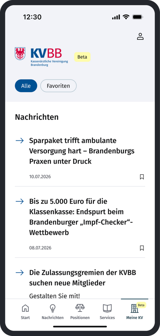 Screenshot der KBV2GO-App