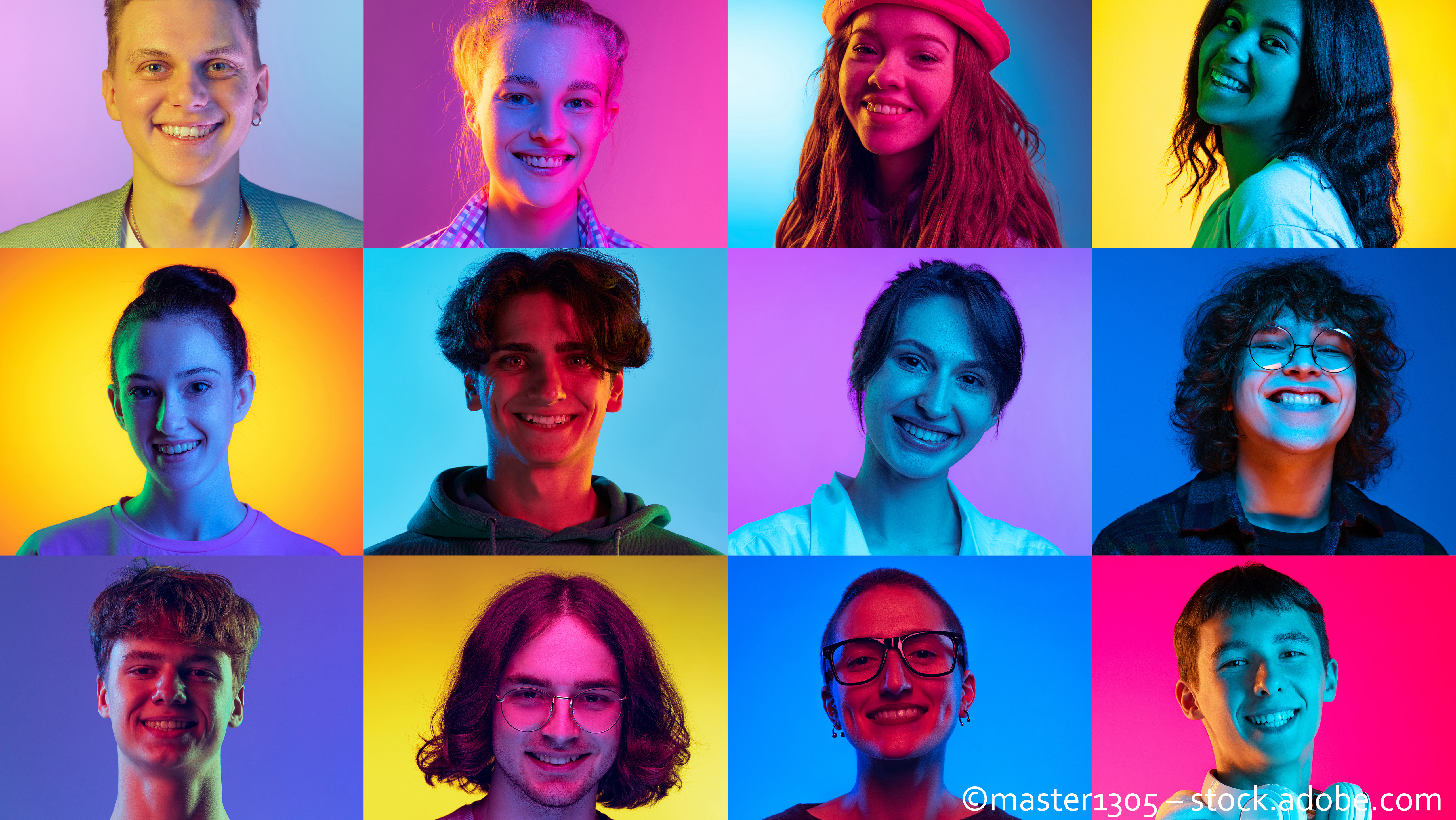 Collage made of portraits of young people of diverse age, gender and race posing, smiling over multicolored background in neon light